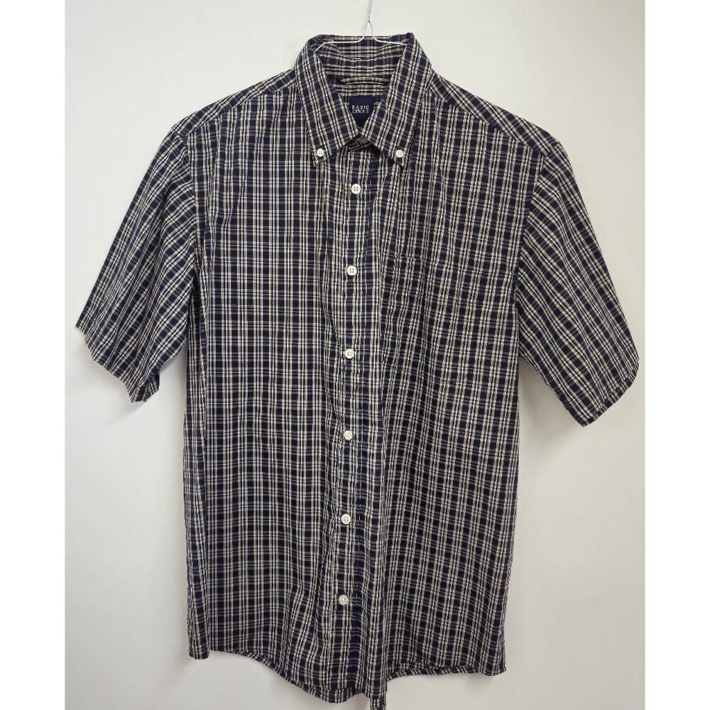 Basic Editions Short Sleeve Button-Down Shirt, Size M, blue/tan